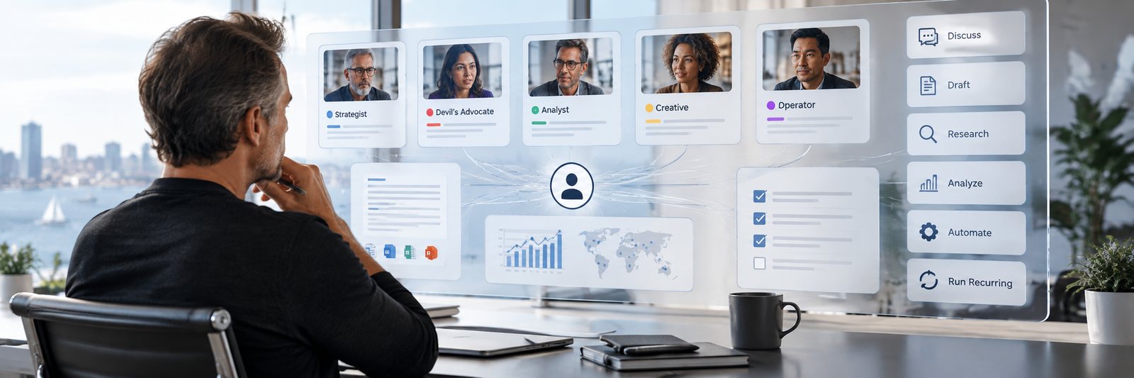 A team reviewing an AI adoption roadmap on a large display in a bright meeting room
